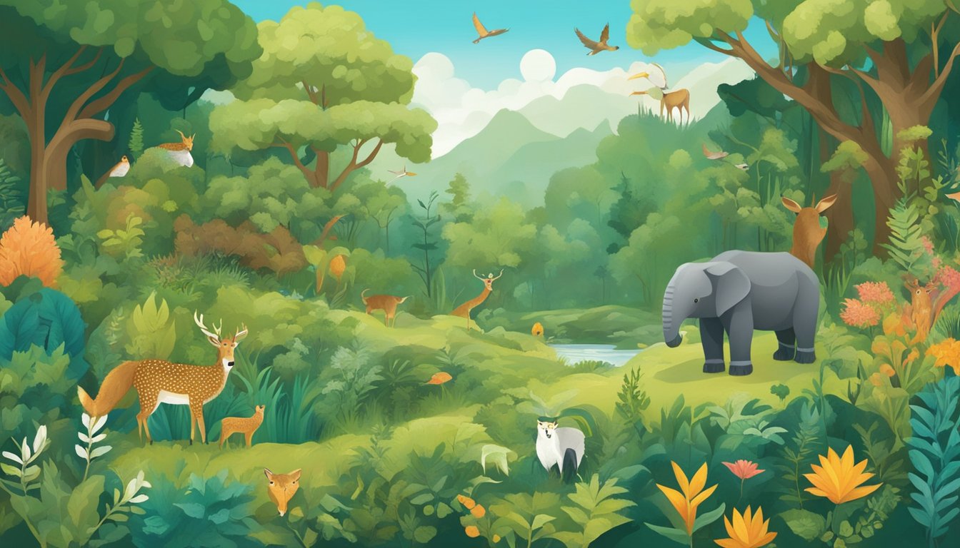 A lush forest with diverse wild plants, animals, and folklore symbols scattered throughout. The scene exudes a sense of sustainable practices and conservation