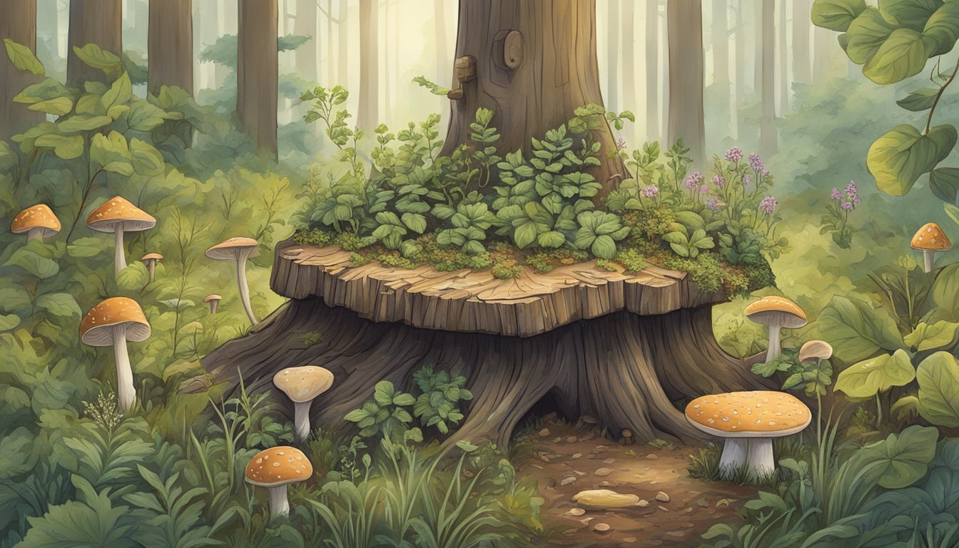 A forest clearing with a variety of wild plants, mushrooms, and herbs. A book titled "The Forager's Guide to Folklore" lies open on a tree stump