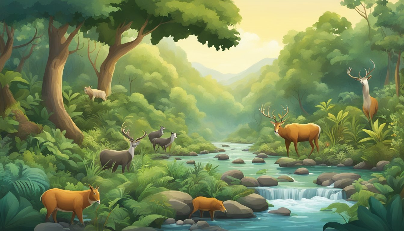 A lush forest with diverse plant life, a flowing river, and various animals foraging for food