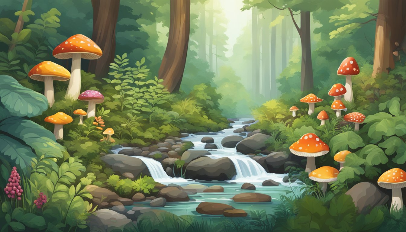 A lush forest floor with diverse edible plants, berries, and mushrooms, surrounded by towering trees and a clear stream