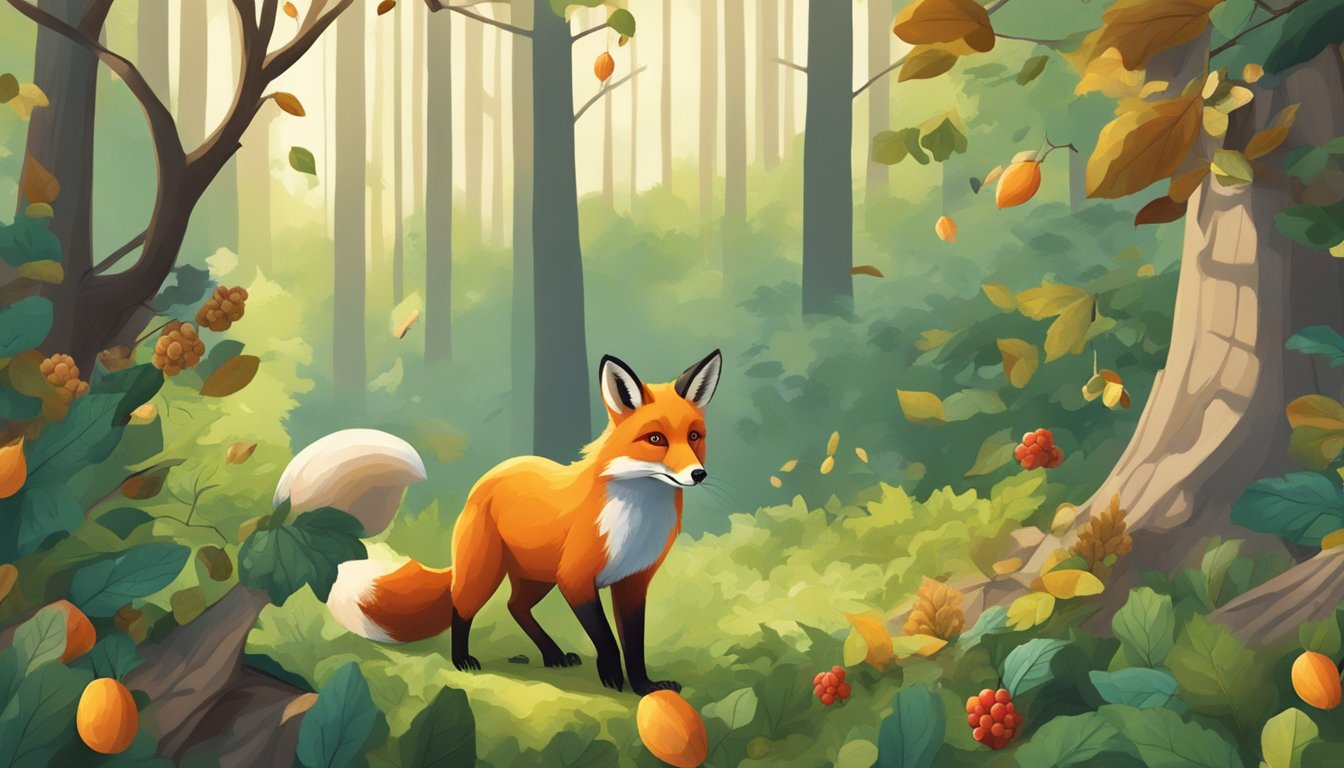 A fox stealthily hunts for berries and nuts in a lush forest, while a squirrel skillfully gathers acorns and seeds from the treetops