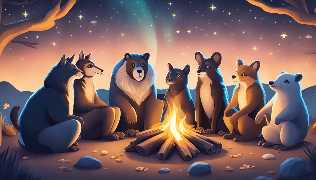 A diverse group of animals gathers around a glowing campfire, sharing stories and knowledge under the starry night sky