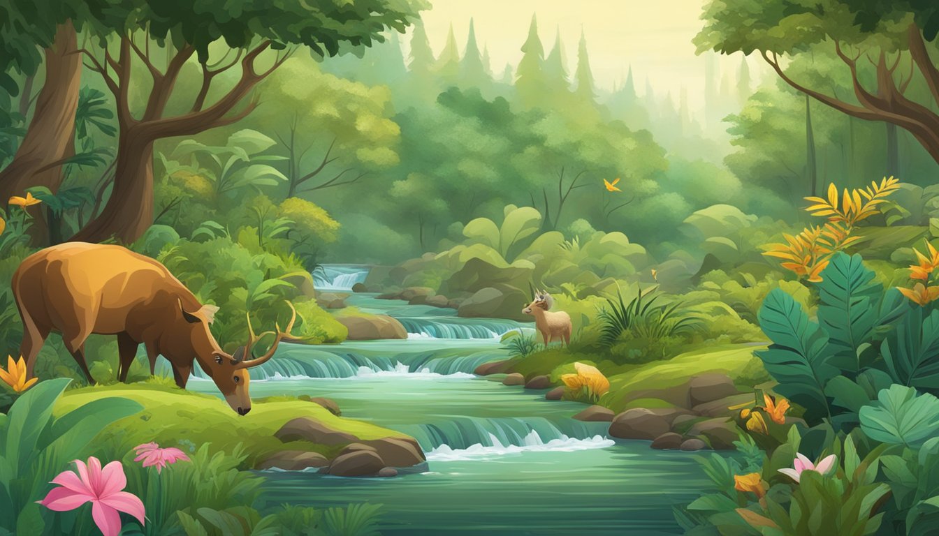 A lush forest with diverse plant life, a flowing river, and various animals foraging for food