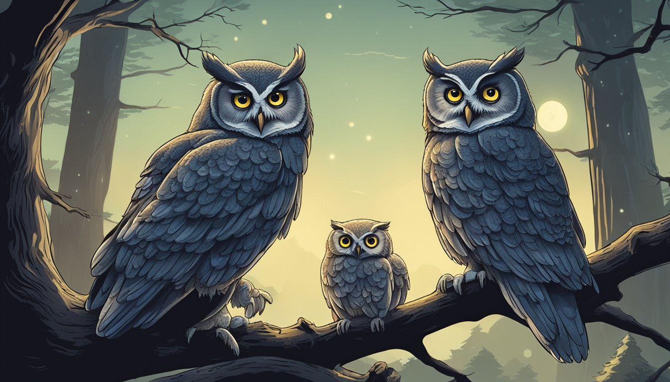 A wise old owl perched on a branch, teaching young owlets how to hunt for food in the moonlit forest