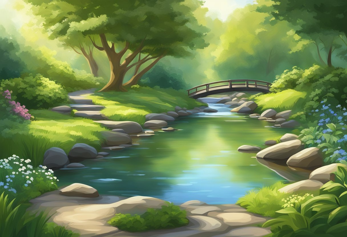 A tranquil stream winds through lush greenery in a garden, reflecting the sunlight and creating a serene atmosphere