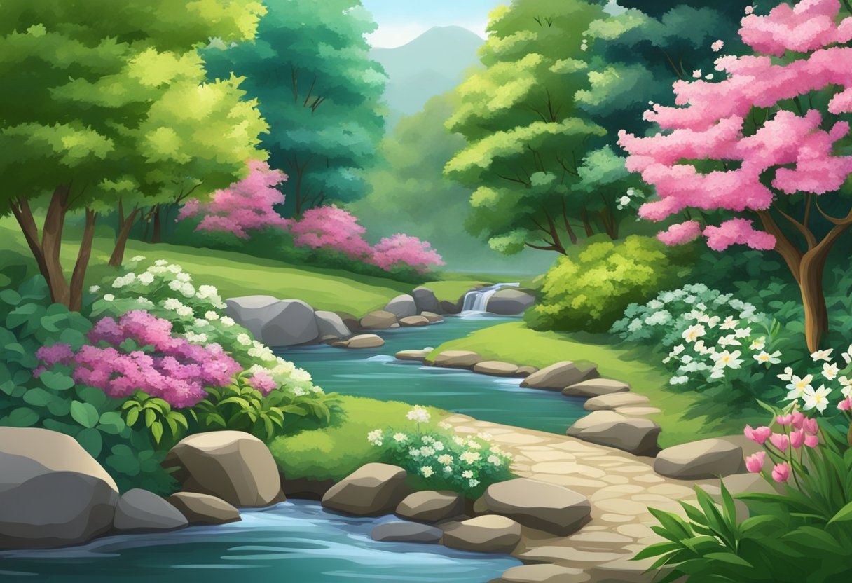 A winding garden stream flows through lush greenery, with rocks and flowers lining its banks, creating a tranquil and picturesque scene