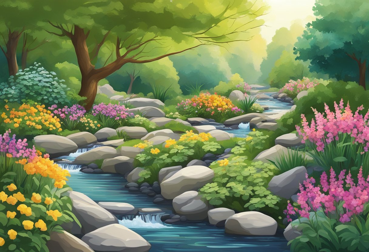 A babbling brook winds through a lush garden, lined with smooth stones and surrounded by vibrant flowers and greenery