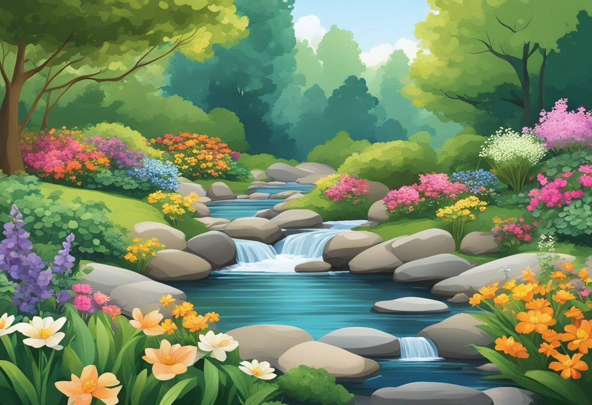 A serene garden scene with a flowing stream, surrounded by lush greenery and colorful flowers. Rocks and pebbles line the stream bed, creating a natural and tranquil atmosphere