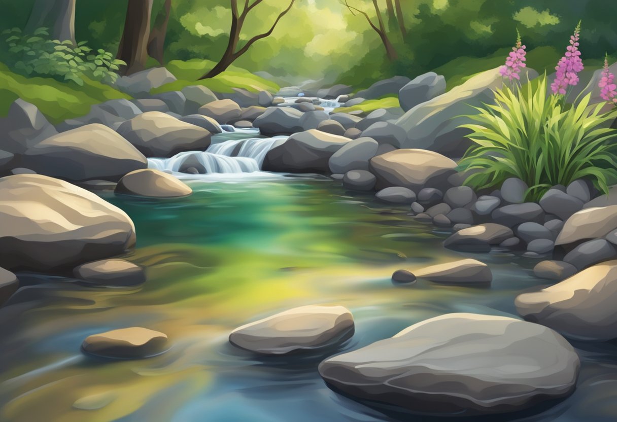 Clear water flows over smooth rocks, creating gentle ripples and reflections in a lush garden stream