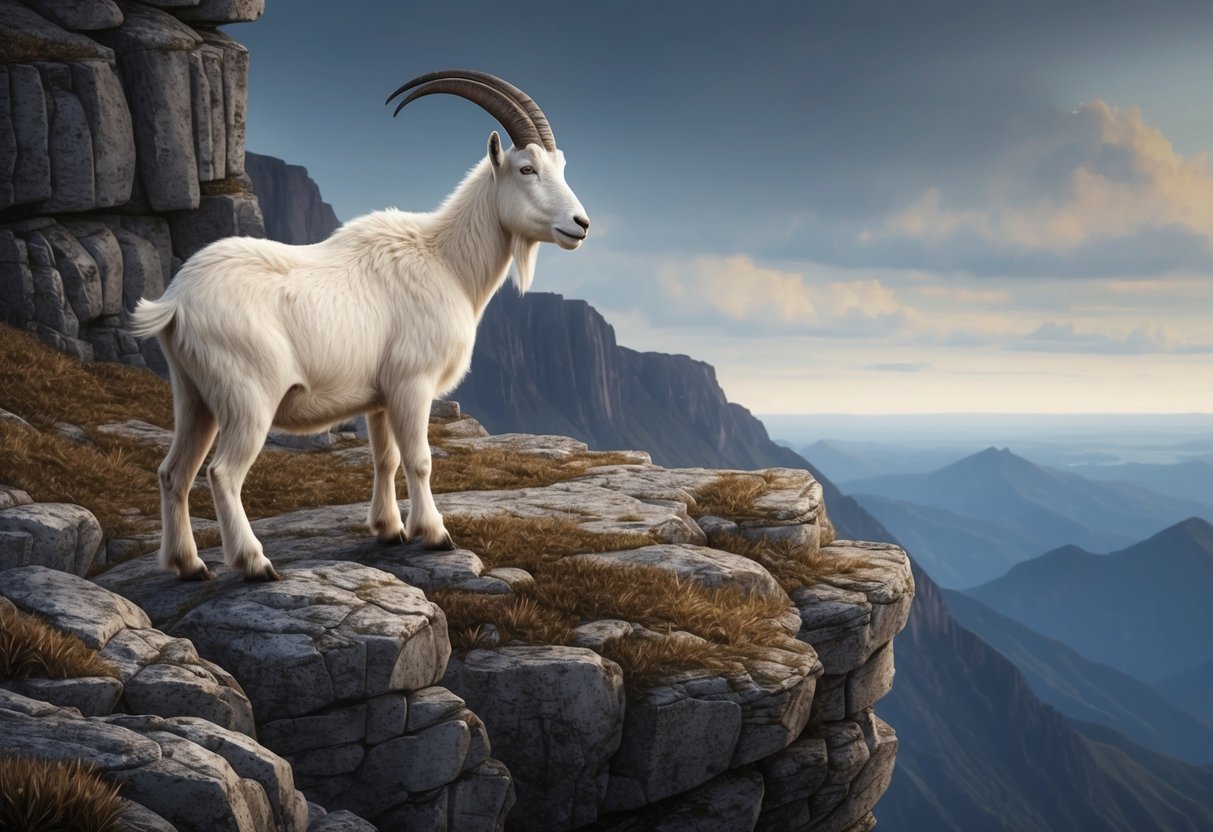 A solitary mountain goat perched on a rugged cliff, gazing stoically at the horizon