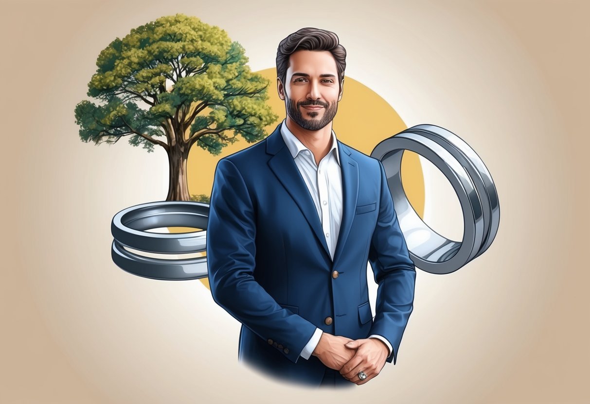 A Capricorn man surrounded by symbols of stability and commitment, such as a sturdy oak tree and a pair of intertwined rings