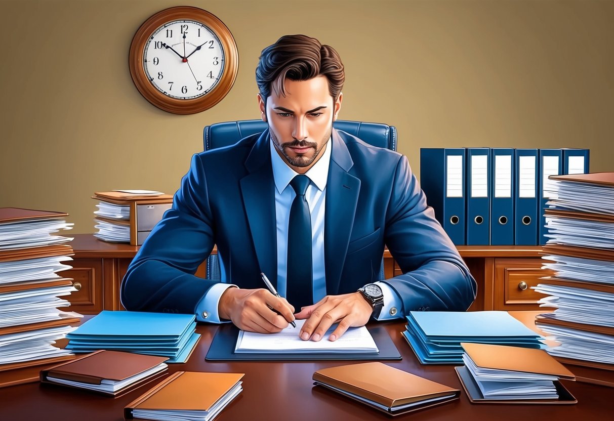 A capricorn man focused at his desk, surrounded by organized files and a clock ticking on the wall