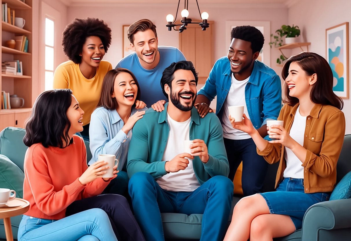 A group of friends gather around a capricorn man, laughing and enjoying each other's company in a cozy living room