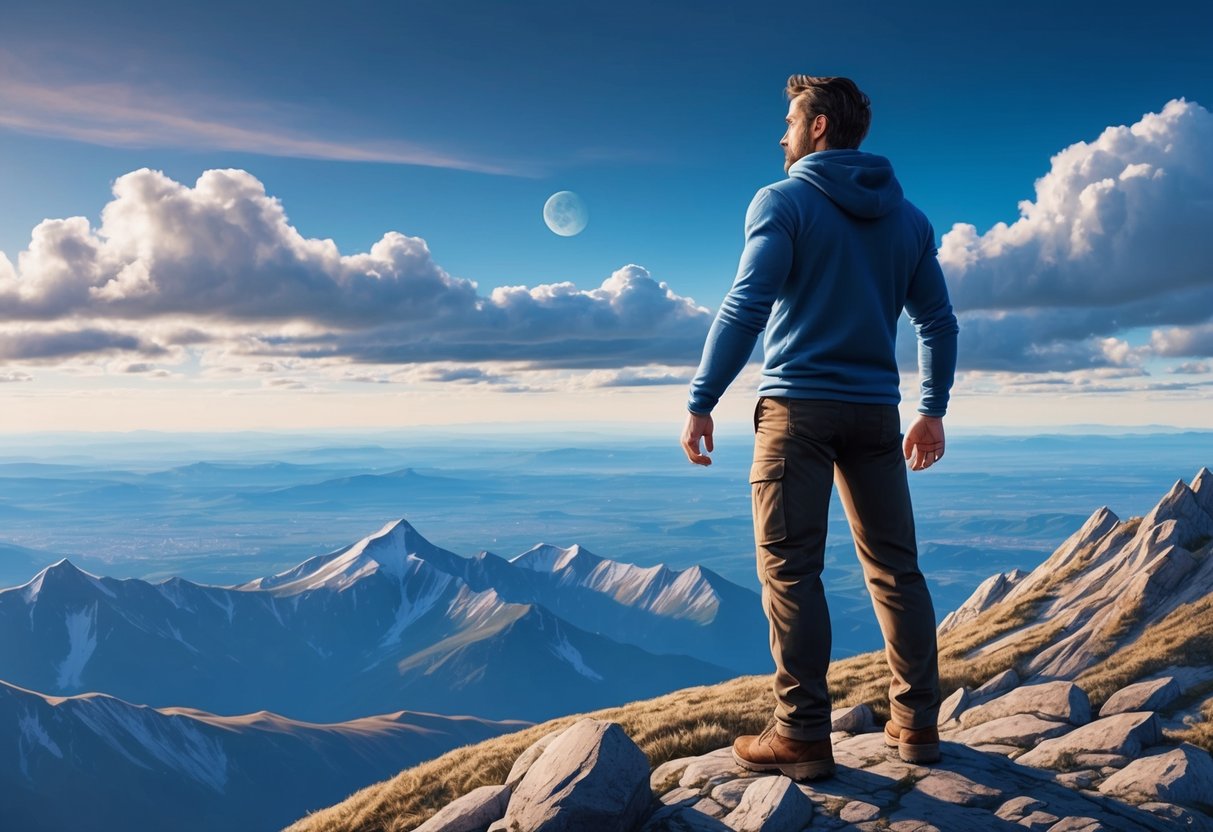 A Capricorn man standing on a mountain peak, gazing out at the vast expanse of the world below, with a determined and focused expression on his face