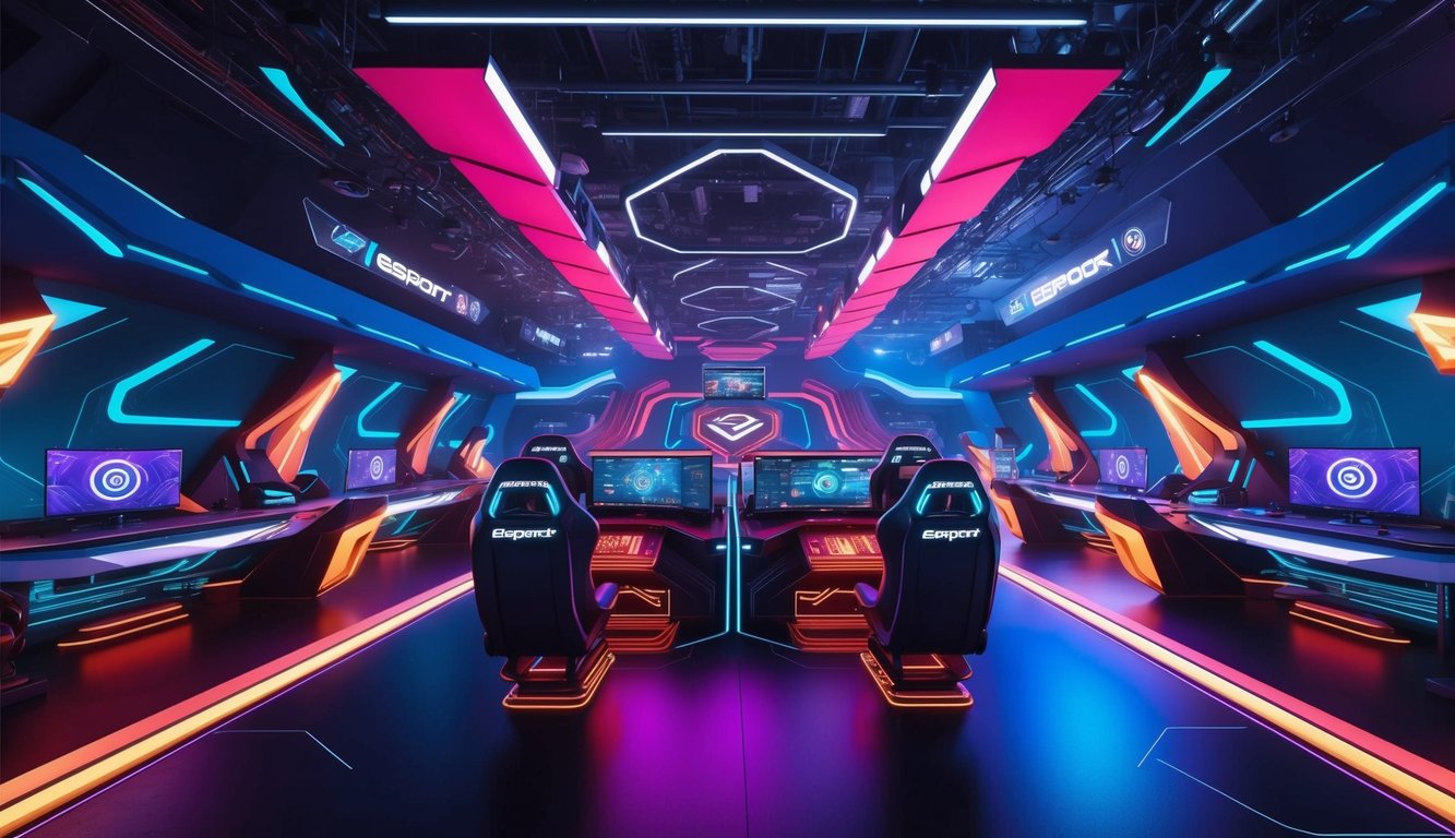 Sebuah arena esports yang hidup dan futuristik dengan desain ramping dan peralatan canggih