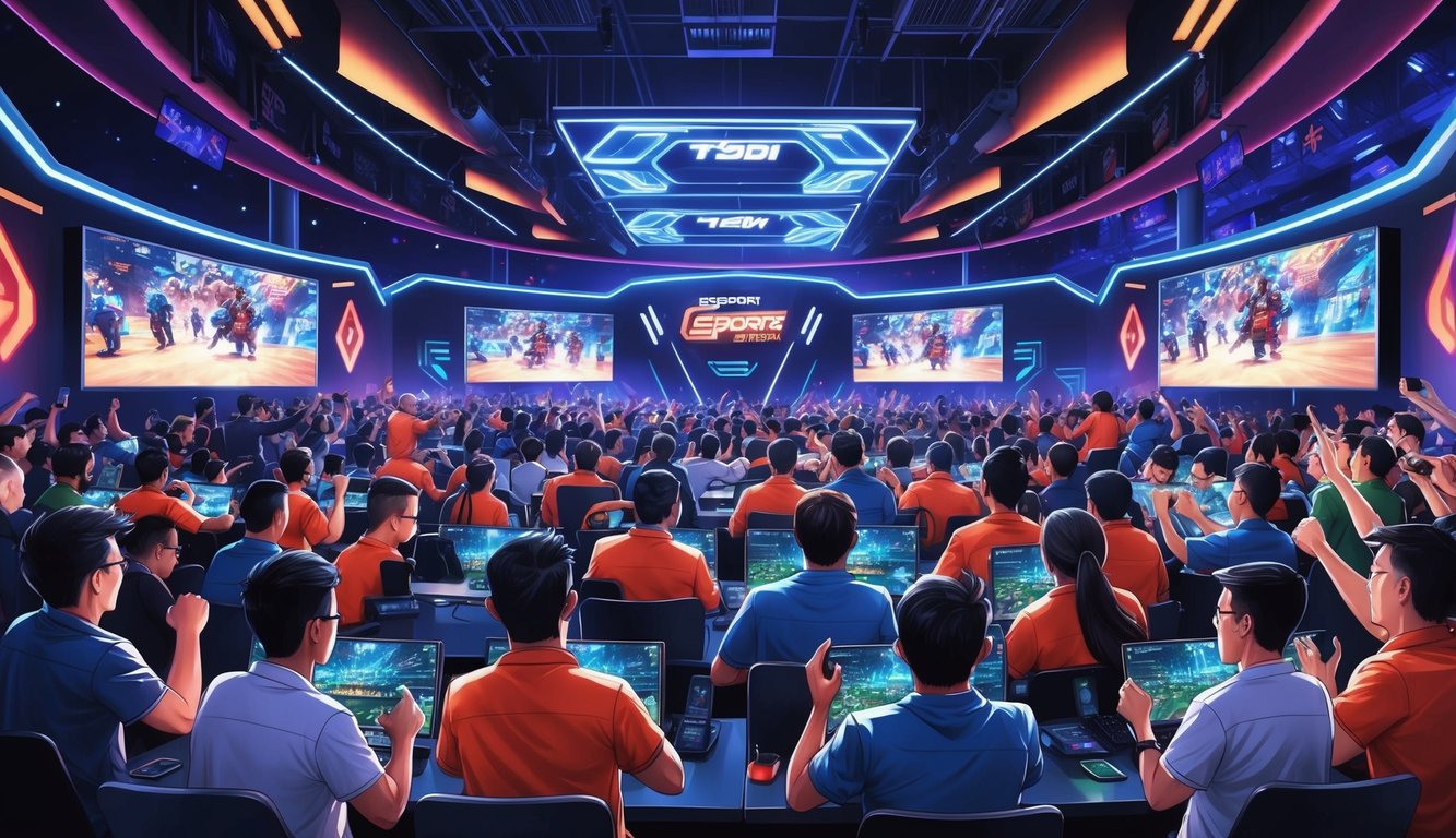 Sebuah tempat taruhan esports yang ramai di Indonesia dengan aksi permainan yang intens di layar besar dan penggemar yang bersorak