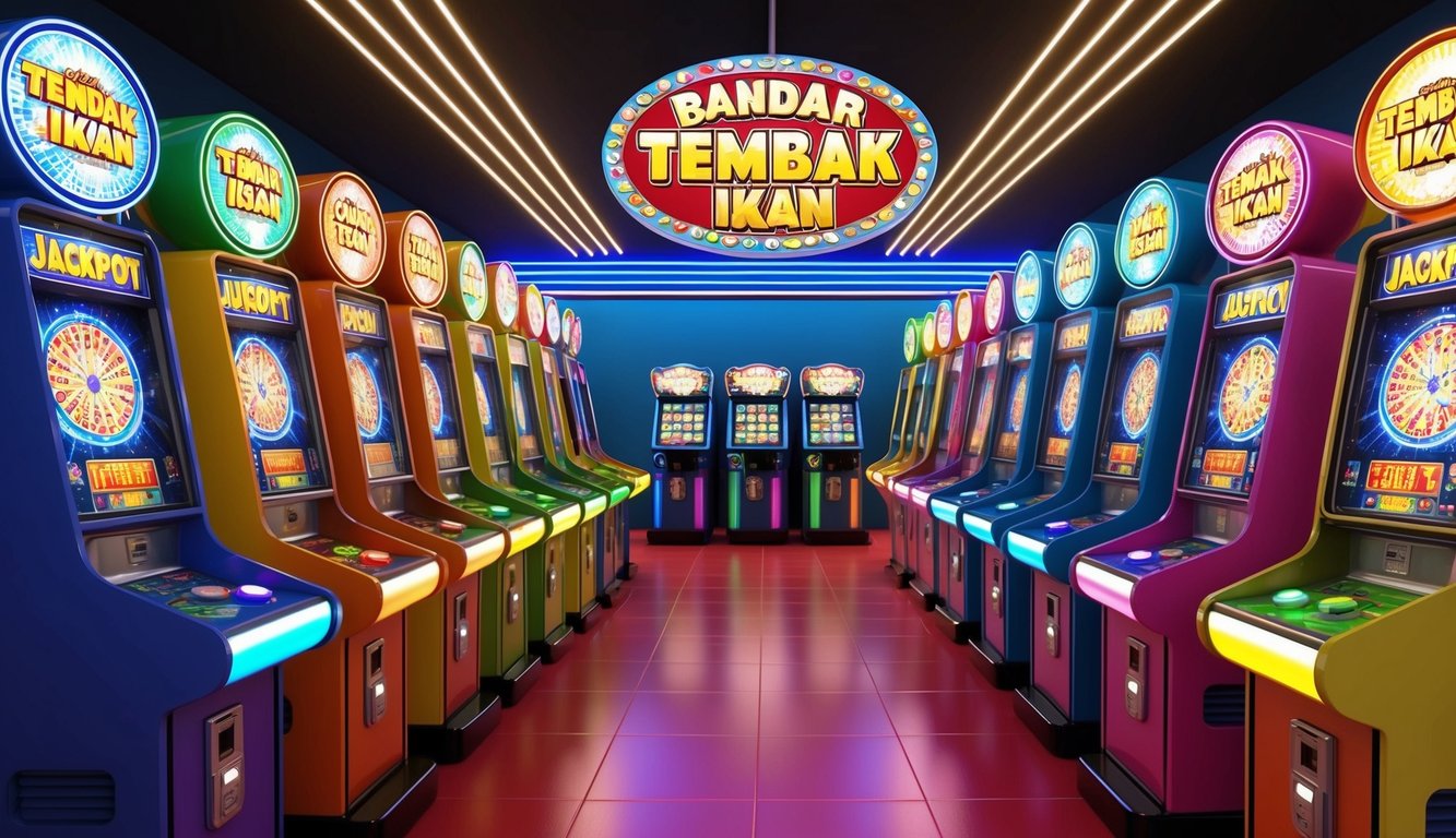 Arcade berwarna-warni dengan lampu berkedip, deretan mesin permainan tembak, dan papan jackpot besar untuk "Bandar tembak ikan."