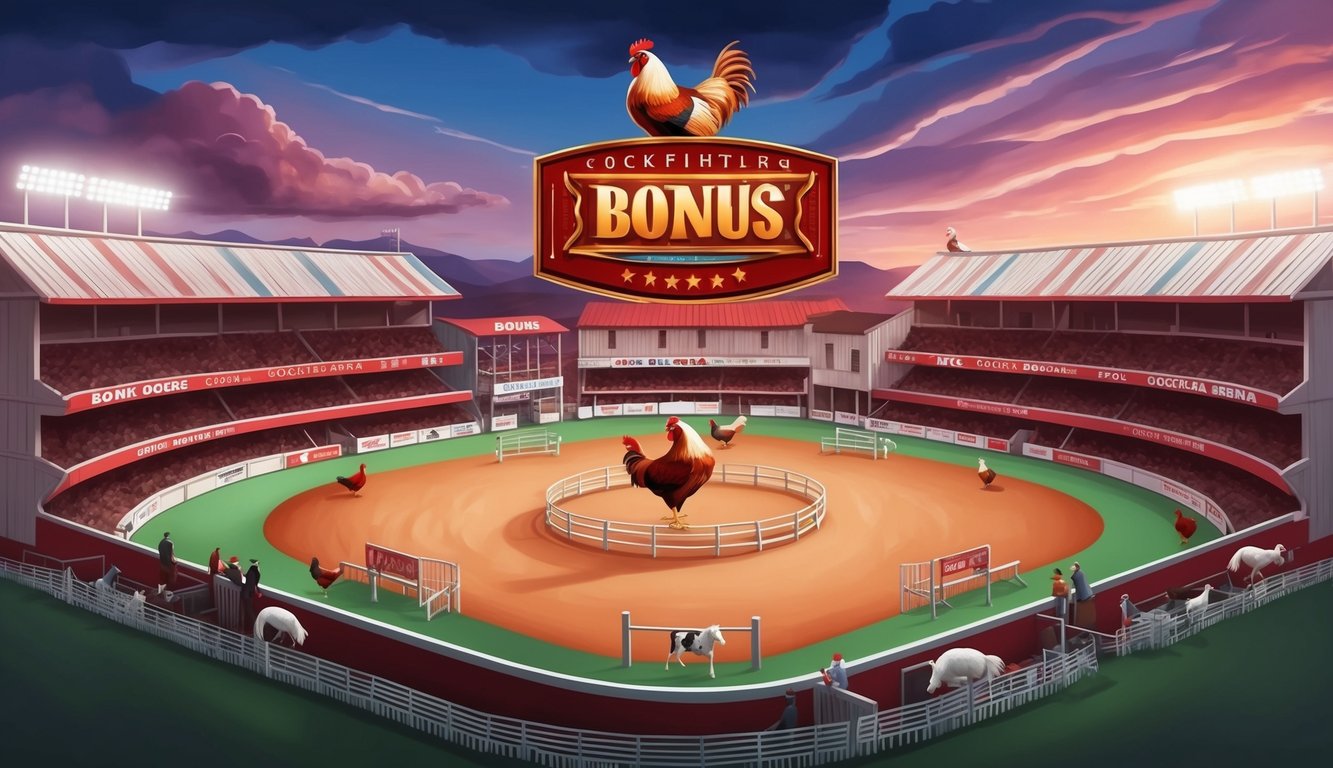 Arena sabung ayam yang hidup dengan tanda bonus yang mencolok