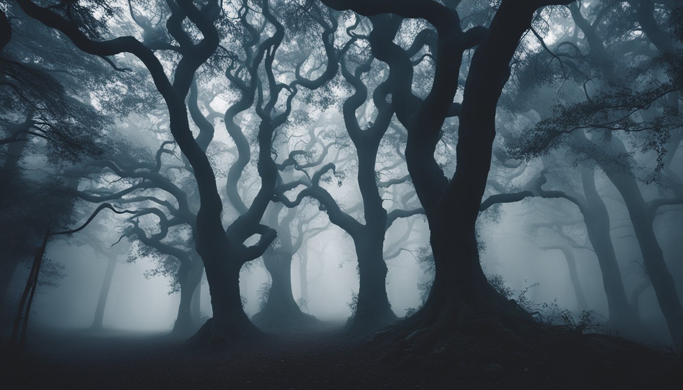 Uma floresta escura e misteriosa com árvores retorcidas e nodosas, e uma névoa sinistra cobrindo a paisagem. Sombras sinistras pairam nas profundezas.