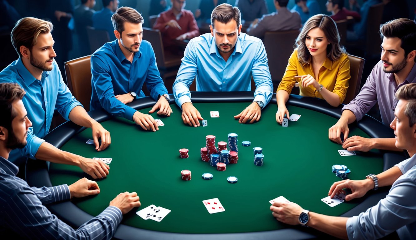 Sekelompok orang berkumpul di sekitar meja poker, dengan kartu dan chip tersebar di atas permukaan felt hijau. Suasana tegang saat para pemain merencanakan strategi dan menggertak.