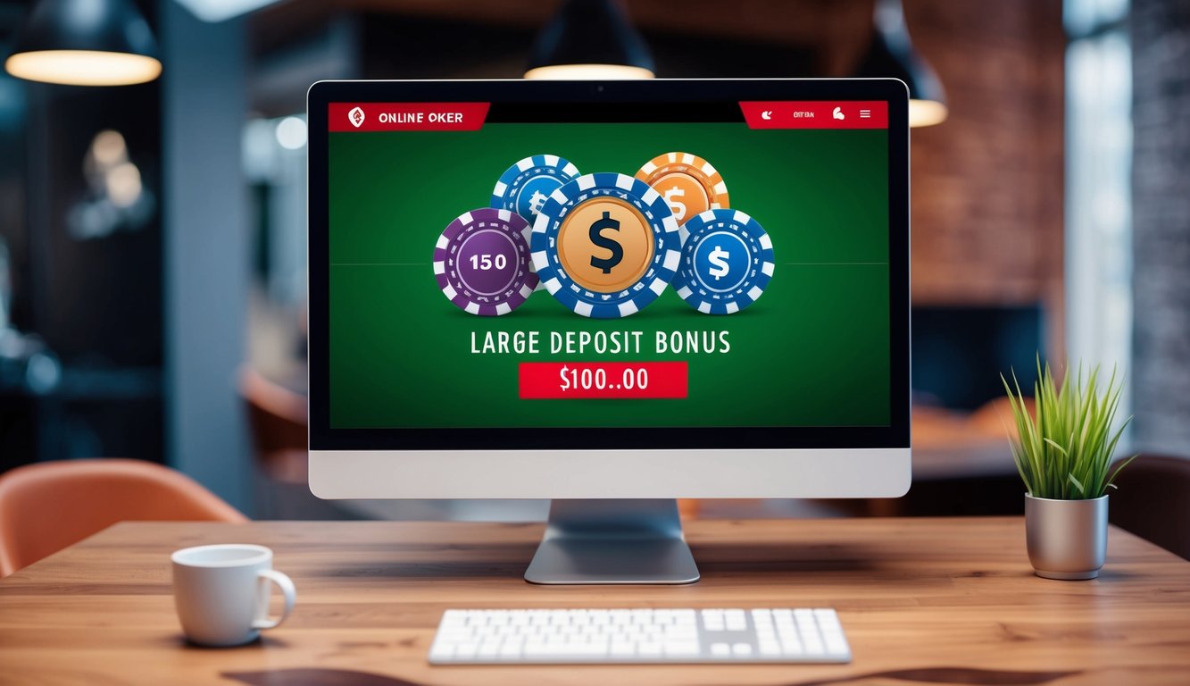 Sebuah layar komputer menampilkan permainan poker online dengan tawaran bonus setoran besar