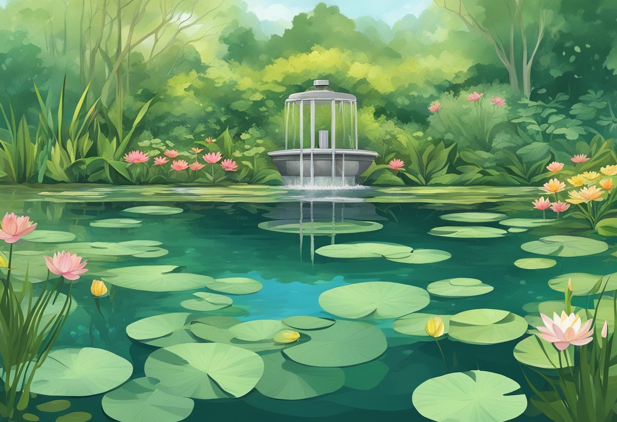 A tranquil pond with murky green water, surrounded by lush vegetation and blooming water lilies. A pump and filter system is installed to keep the water clear