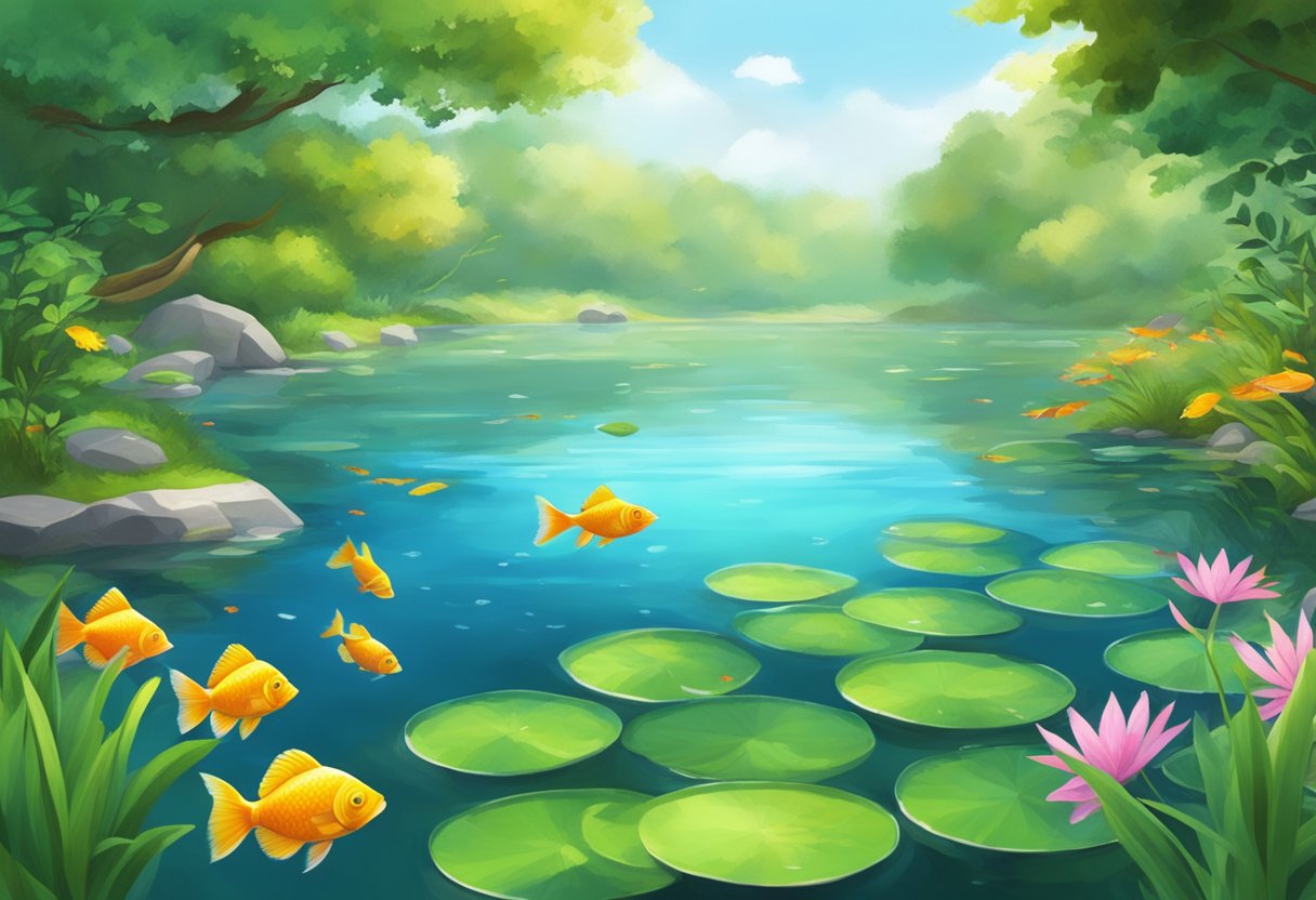 A serene pond with clear water, surrounded by lush green vegetation and colorful fish swimming freely