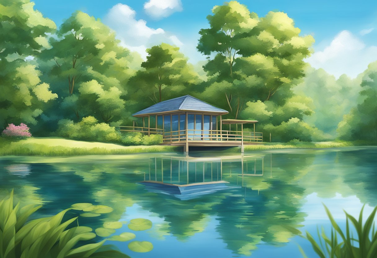 A serene pond with a filtration system in place, surrounded by lush greenery, and clear, clean water reflecting the blue sky above