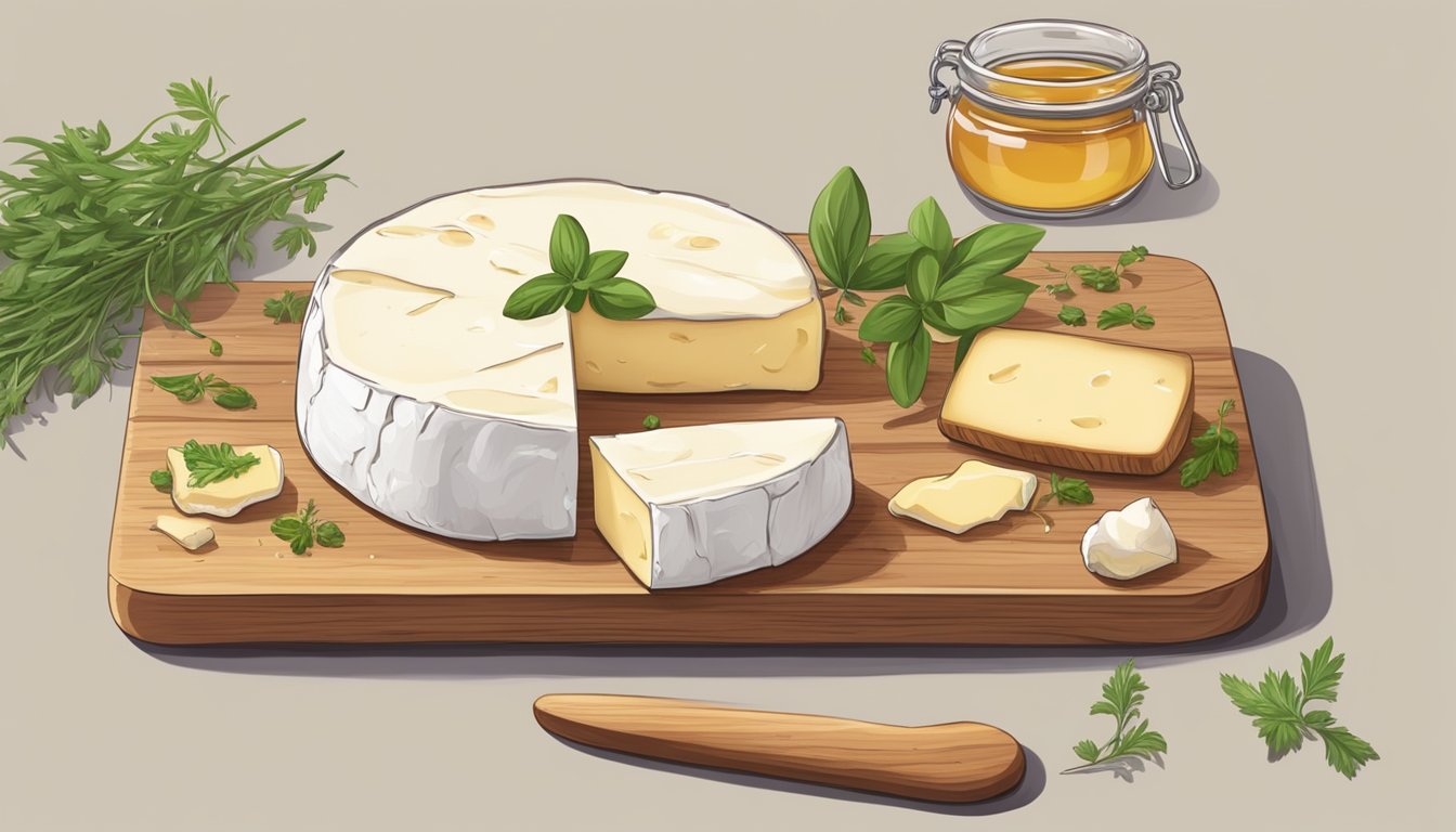 A small round of camembert cheese placed on a wooden board, surrounded by fresh herbs and a drizzle of honey. A small dish of sliced baguette sits nearby