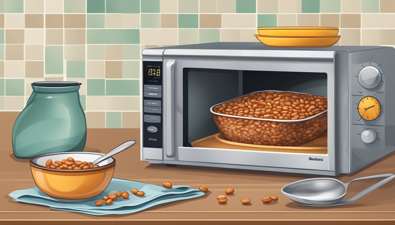 A microwave with a bowl of baked beans inside, a spoon resting on the counter, and a timer set for reheating