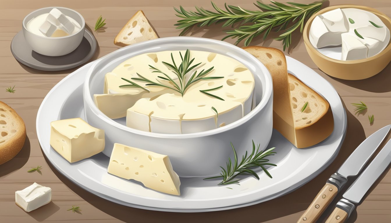 A small round dish with a wheel of camembert cheese placed in the center, surrounded by slices of bread, a small knife, and a sprig of rosemary