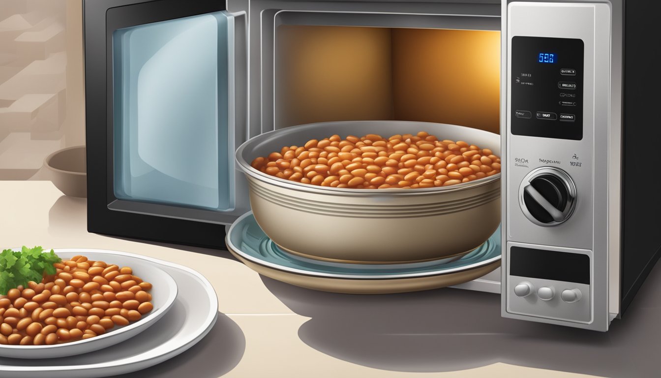 A microwave with a plate of baked beans inside, steam rising from the dish