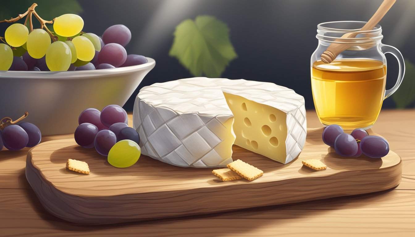 A baked camembert placed on a wooden board, surrounded by crackers, grapes, and a small dish of honey