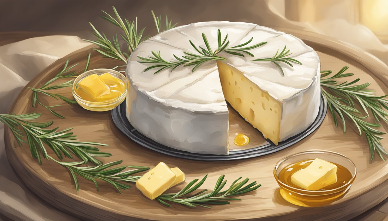 A small wheel of camembert being gently heated in an oven, surrounded by a few sprigs of fresh rosemary and a drizzle of honey