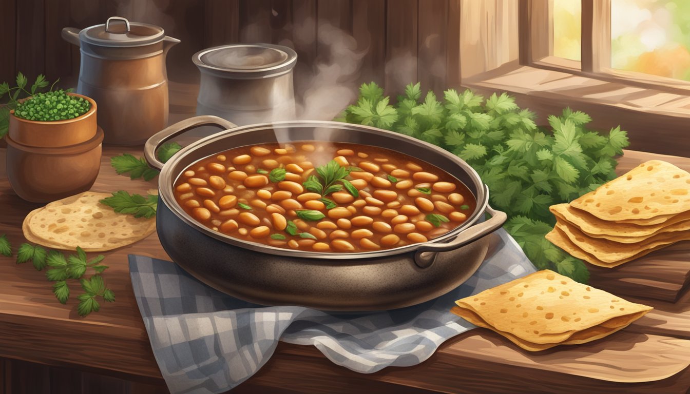 A steaming baked bean dish sits on a rustic wooden table, surrounded by a scattering of fresh herbs and a stack of warm tortillas