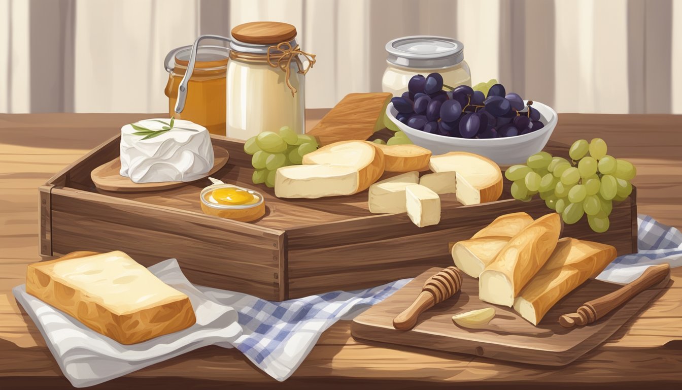 A rustic kitchen table with a freshly baked camembert in a wooden box, surrounded by sliced baguette, grapes, and a small pot of honey