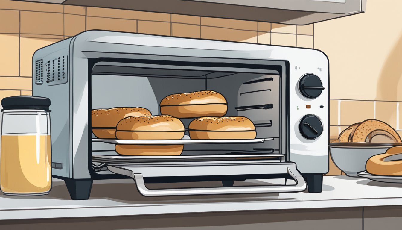 A bagel sits on a plate next to a toaster oven. The oven is open, and the bagel is being placed inside to reheat it