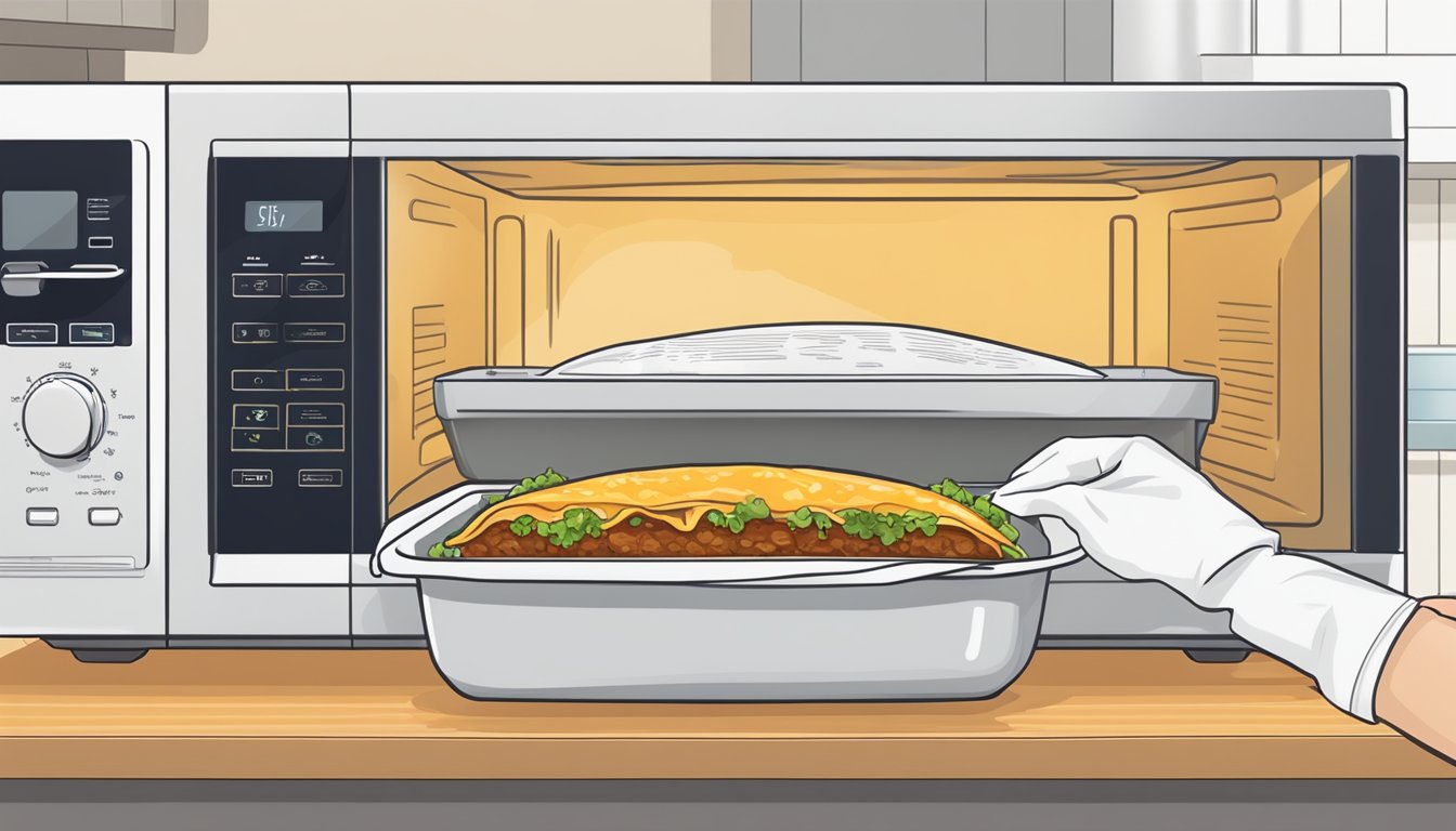 A beef enchilada being placed in a microwave-safe dish and covered with a damp paper towel before being heated in the microwave