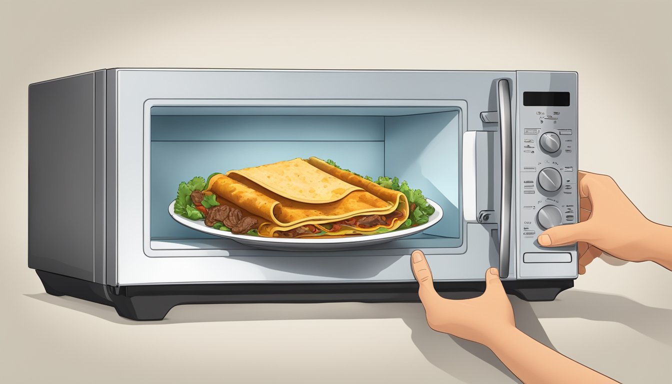 A steaming beef enchilada sits on a microwave-safe plate. The microwave door is open, and a hand reaches in to place the plate inside