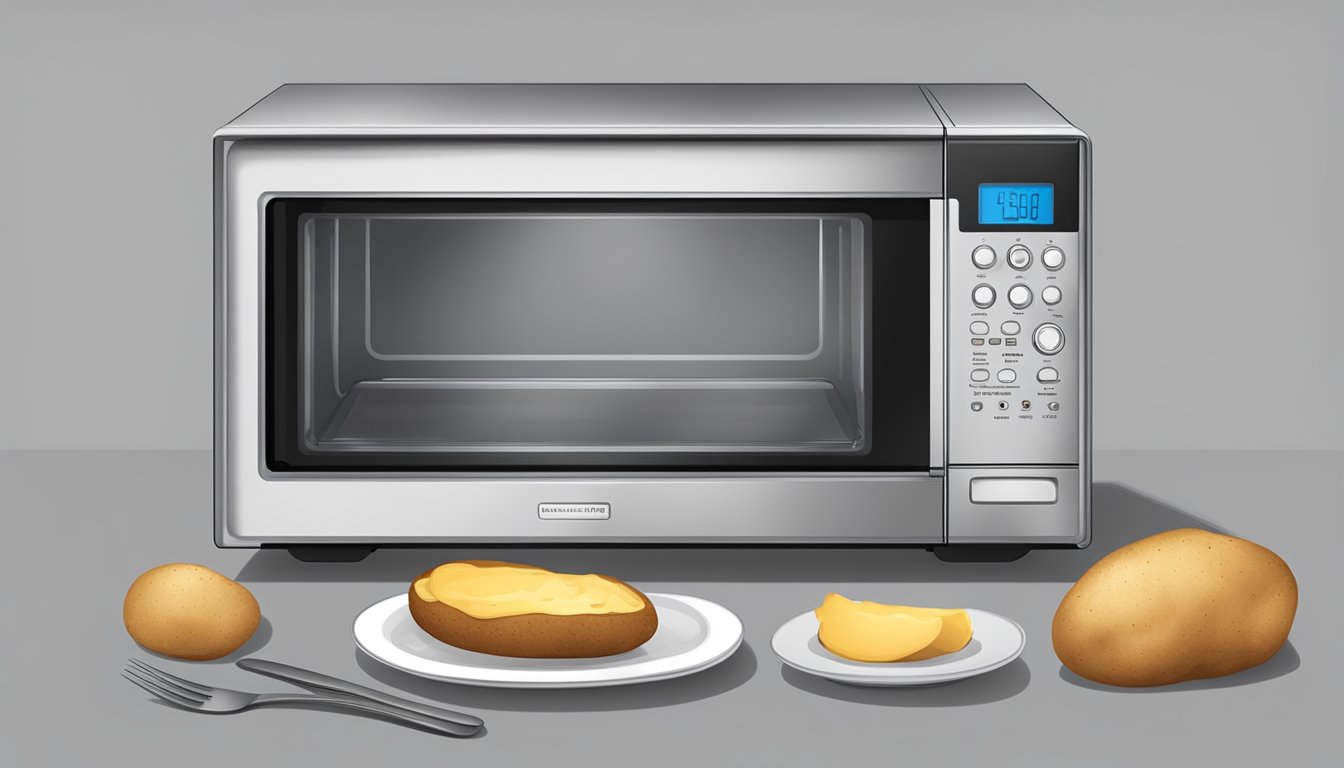 A microwave oven with a baked potato on a plate, a fork, and a microwave-safe cover