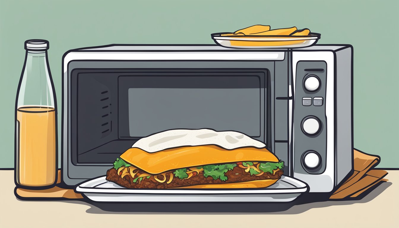 A microwave with a beef enchilada on a plate, a fork, and a paper towel