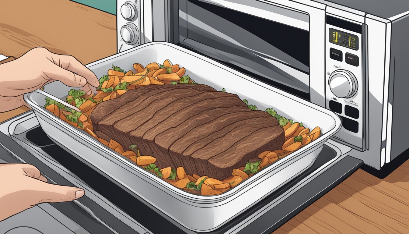 A person placing a beef brisket in a microwave-safe dish and covering it with a lid before reheating