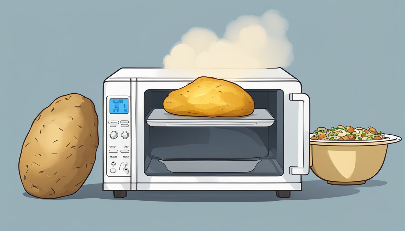 A microwave and a plate with a baked potato inside, steam rising from the potato as it heats up