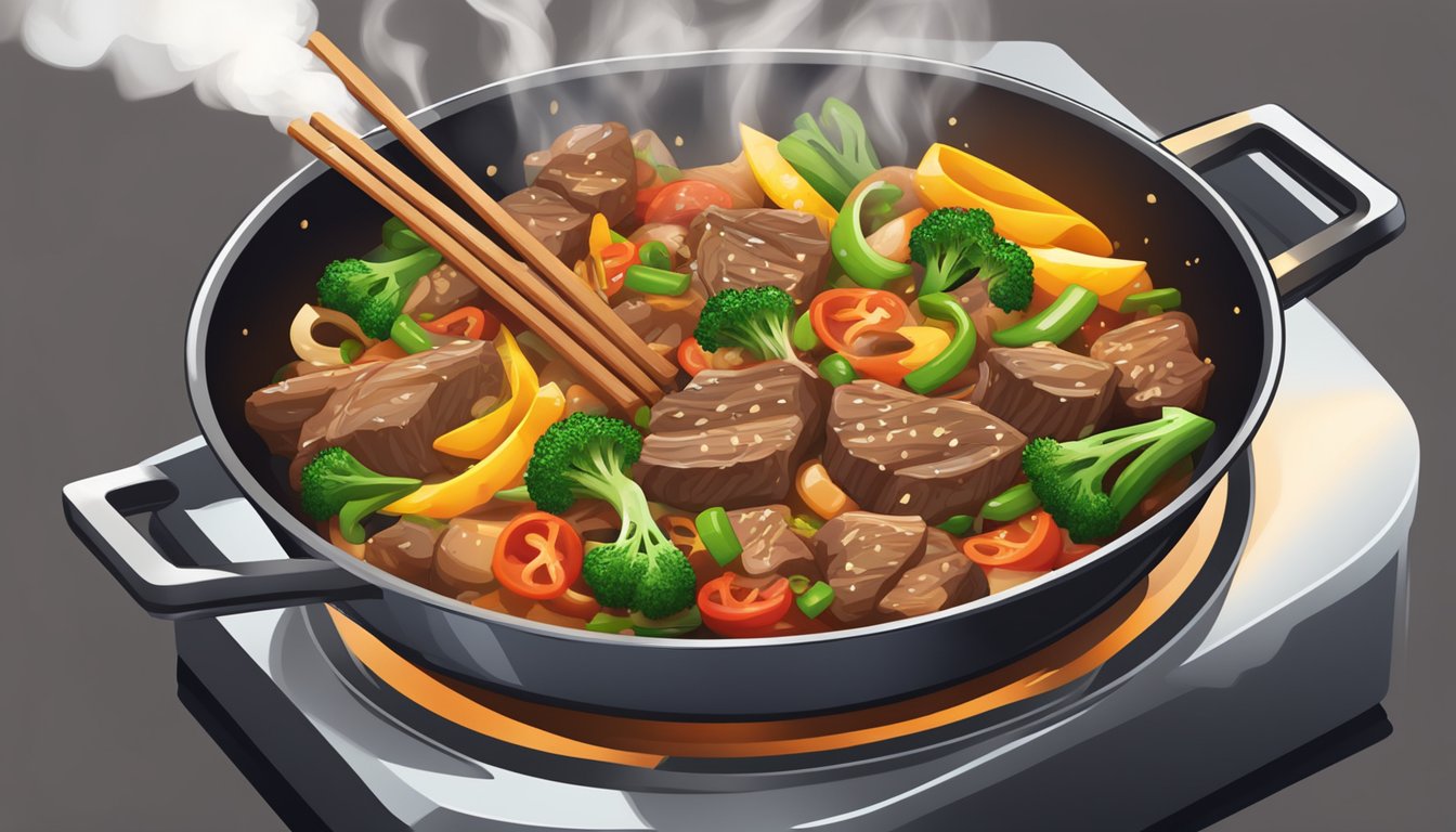 A sizzling beef stir fry being reheated in a hot skillet, with steam rising and the aroma of the savory dish filling the air