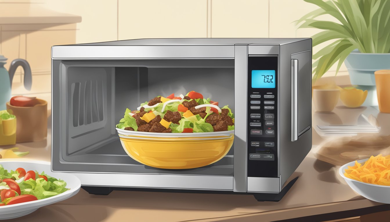 A microwave with a plate of beef taco salad inside, steam rising from the food as it heats up