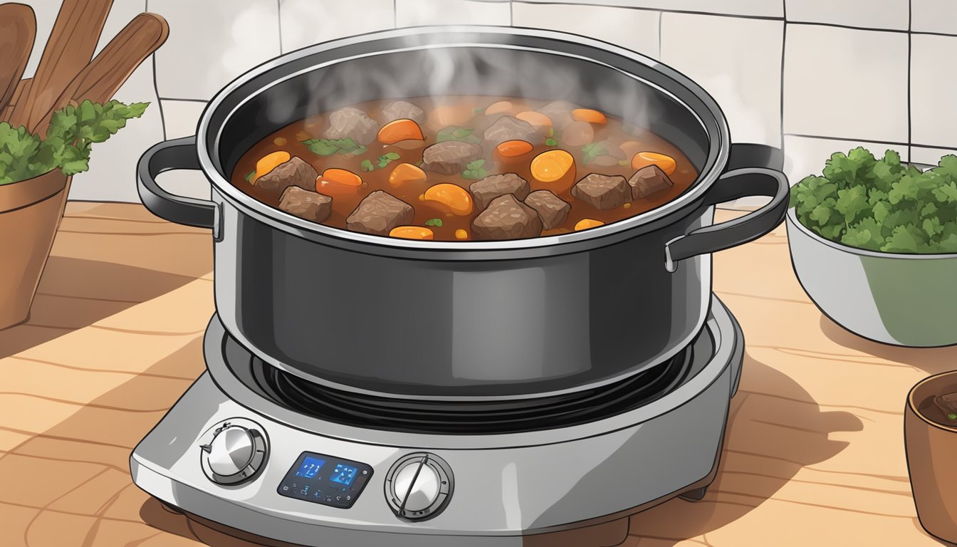 A pot of beef stew being carefully reheated on a stovetop, steam rising from the bubbling mixture