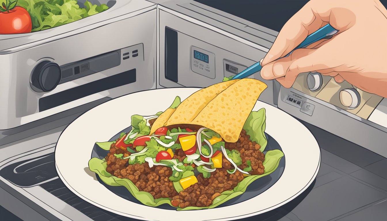 A taco salad being carefully arranged on a plate before being heated in the microwave