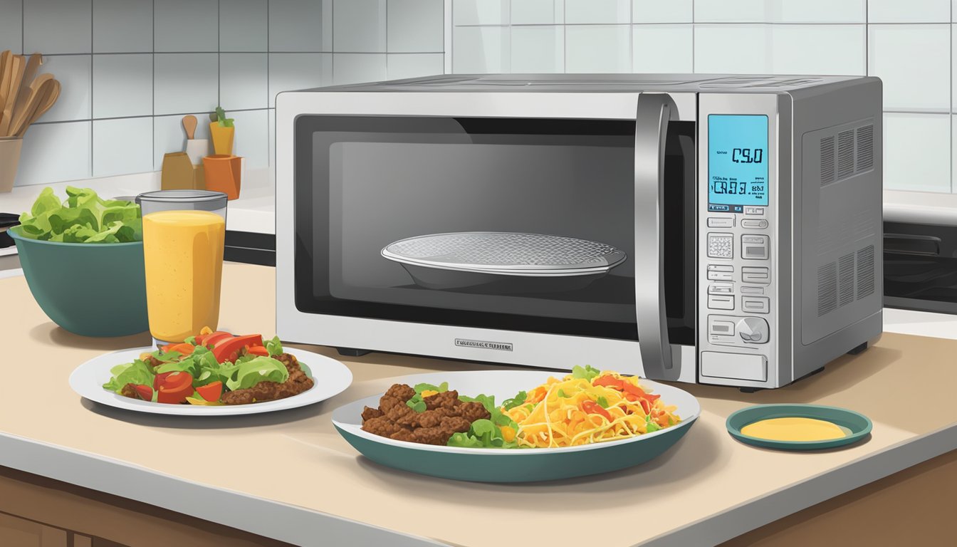 A microwave and a toaster oven sit on a kitchen counter next to a plate of beef taco salad