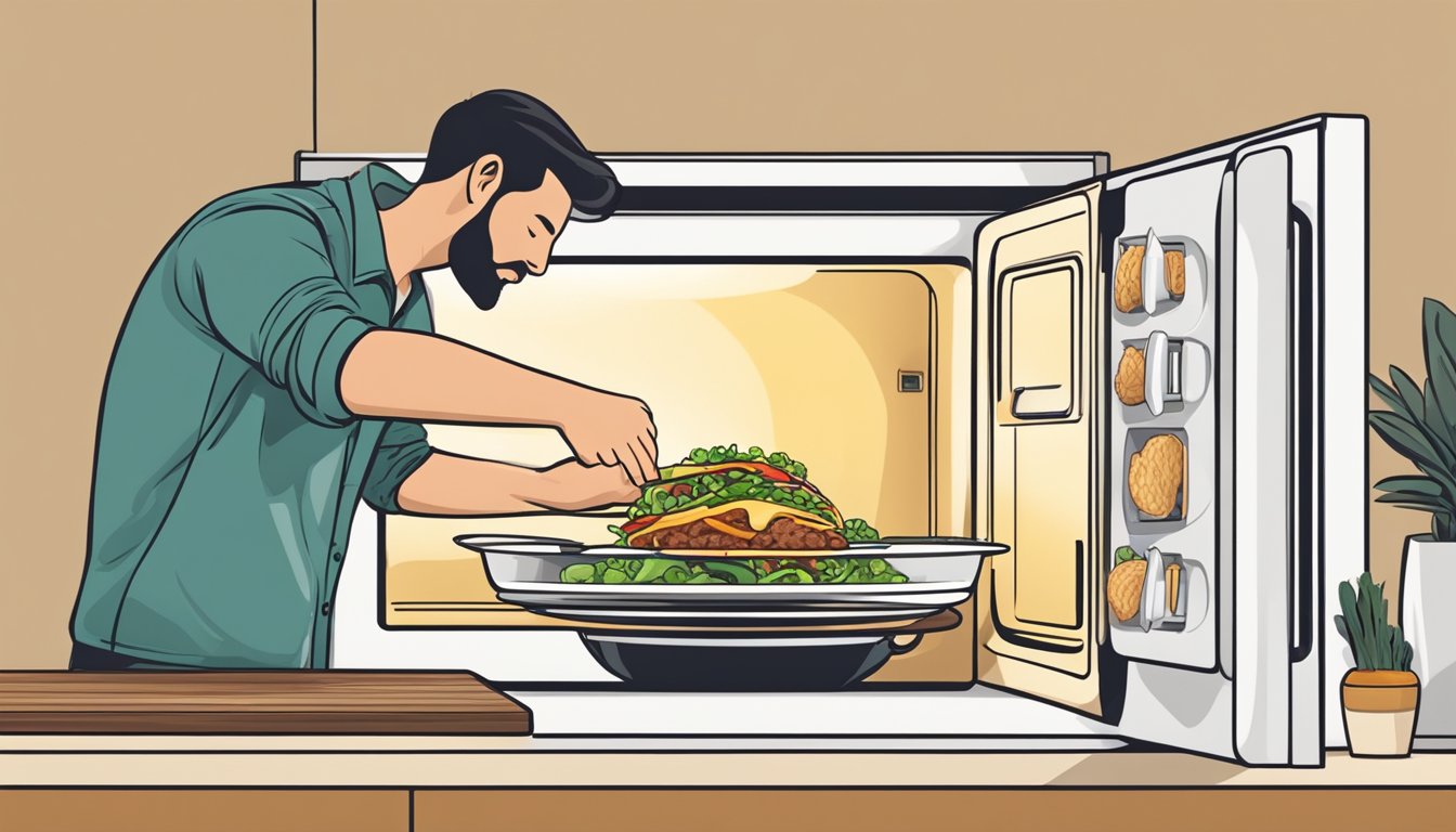 A person placing a beef taco salad in the microwave, heating it, then topping it with fresh ingredients before sitting down to enjoy it