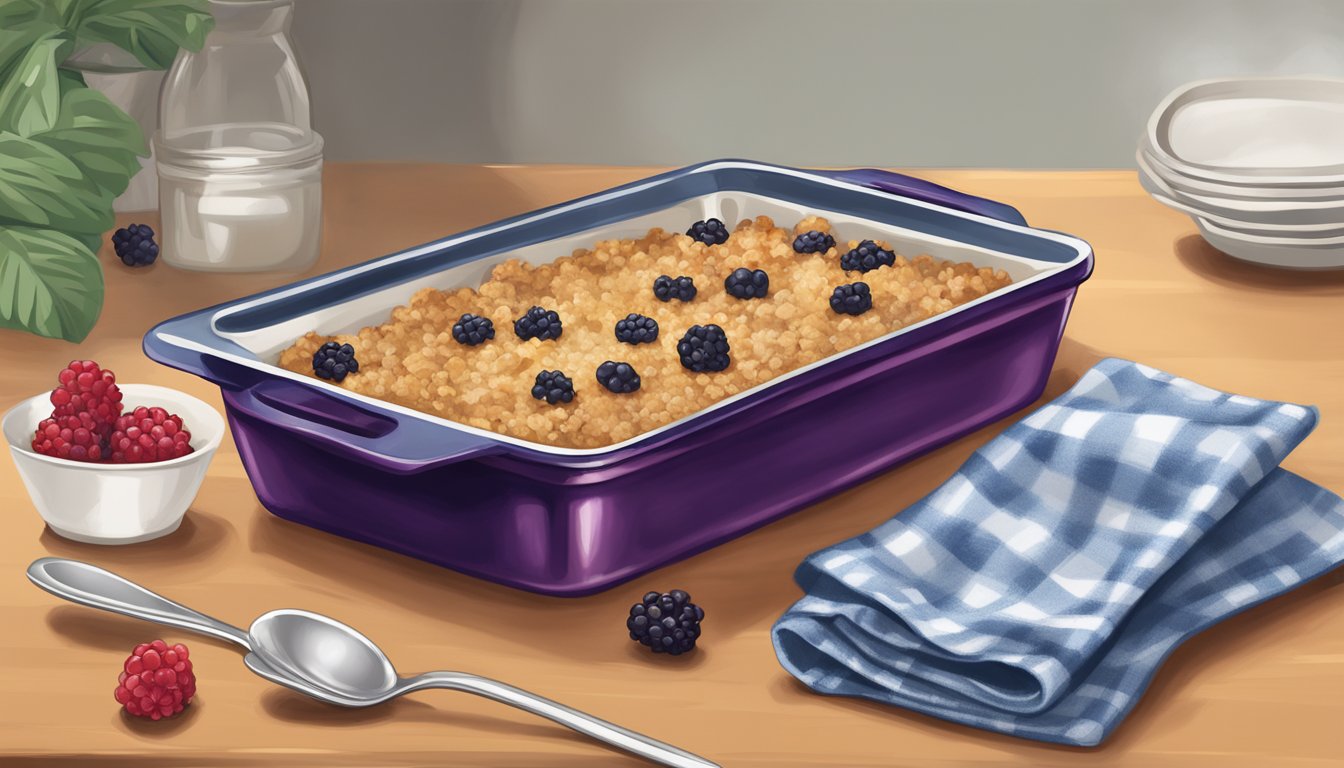 A berry crumble sits on a baking sheet next to a foil-covered dish, with a spoon and oven mitt nearby